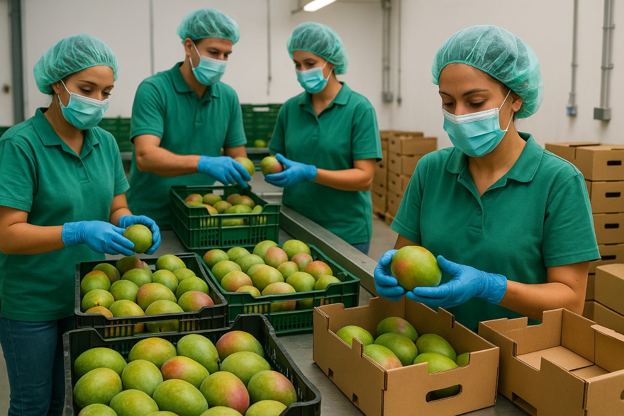 Skilled team members carefully inspecting mangoes at Alfa Fruits Group, ready for export.